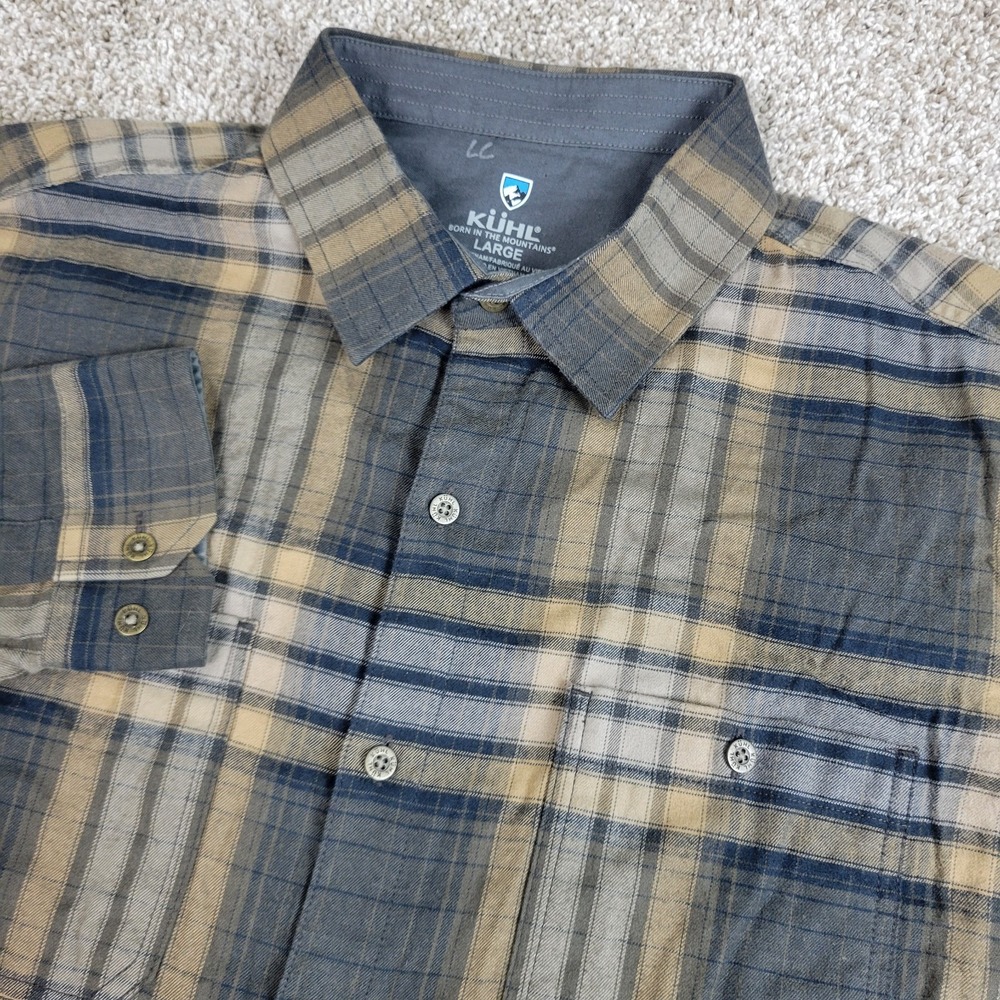 Kuhl Mens Large Brown Plaid Button Up Long Sleeve Flannel Outdoor Camping